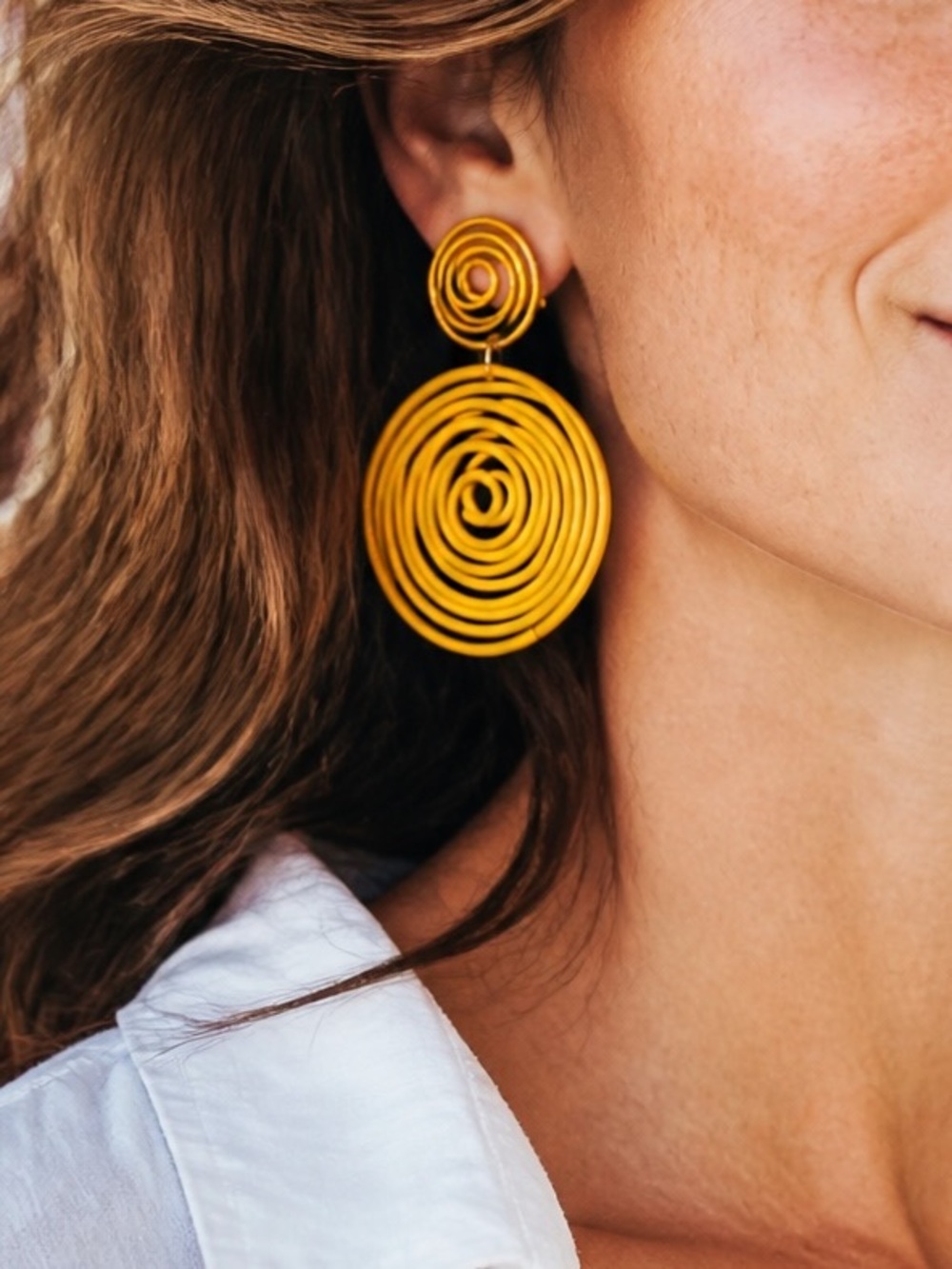 "Kendra" Asymmetrical Retro Hoop Gold Yellow Swirl Abstract Geometric Earrings